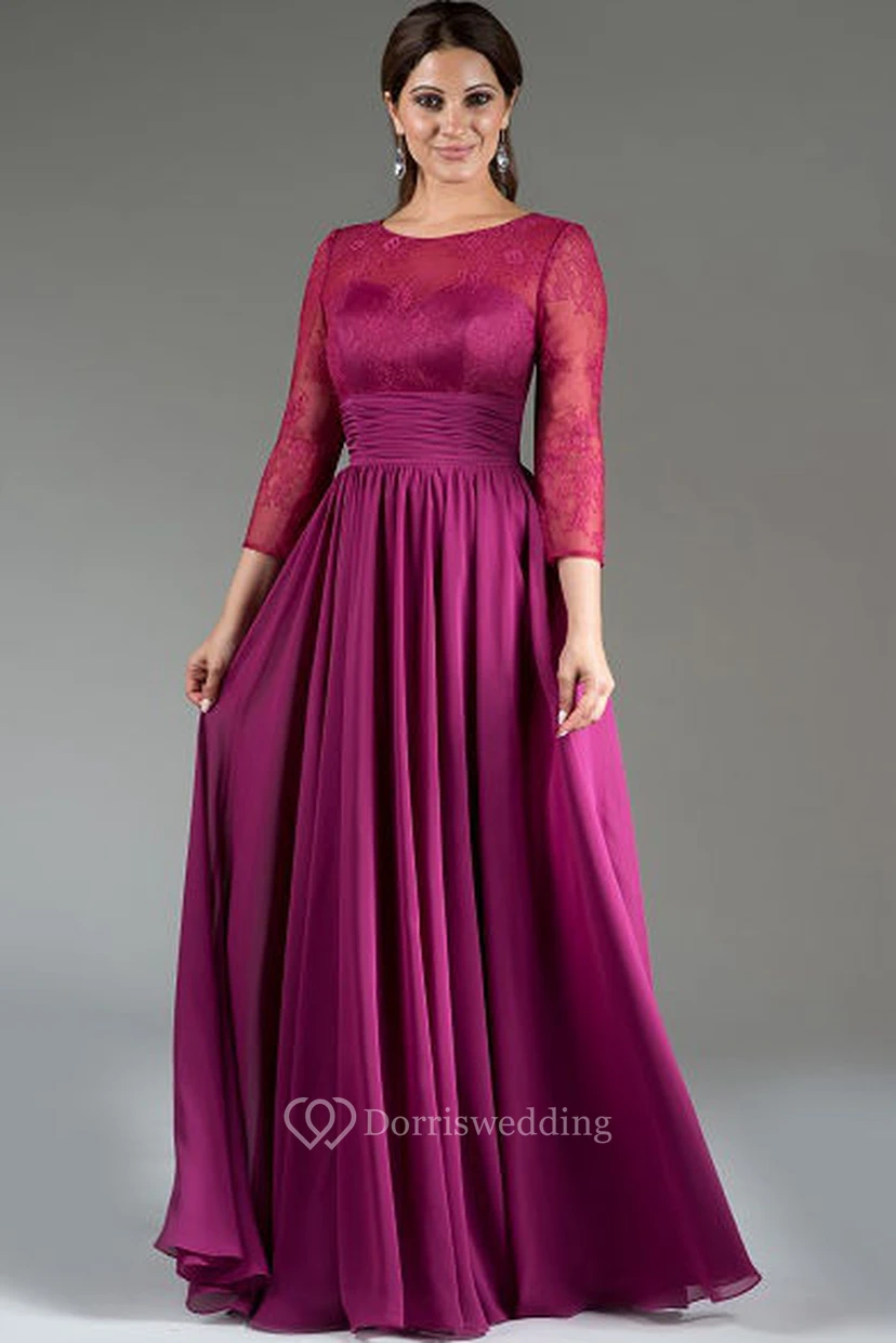 Scoop Neck Lace Top A-Line Pleated Chiffon Long Mother Of The Bride Dress With 3-4 Sleeves