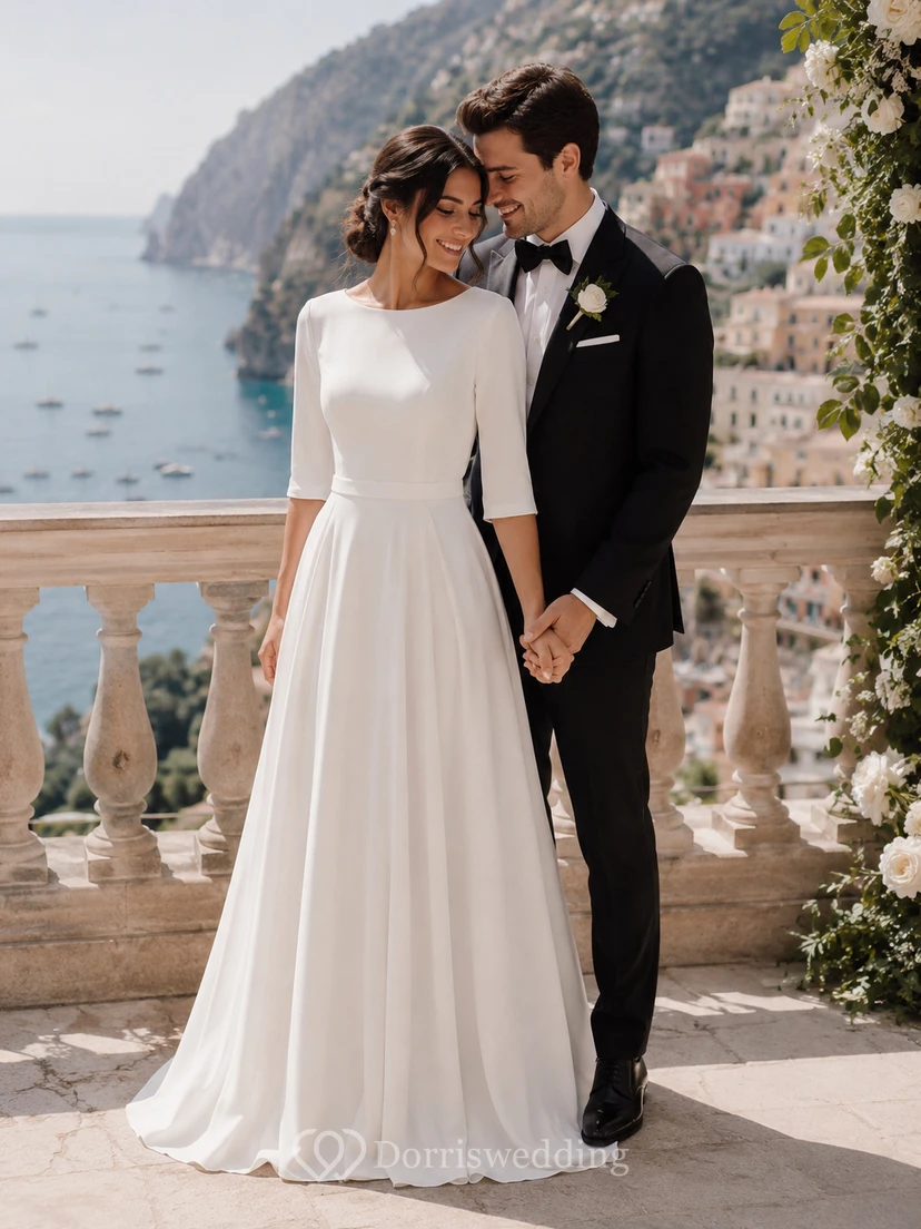 Simple Modest Half-sleeve Scoop-neck Casual Wedding Dress view 4