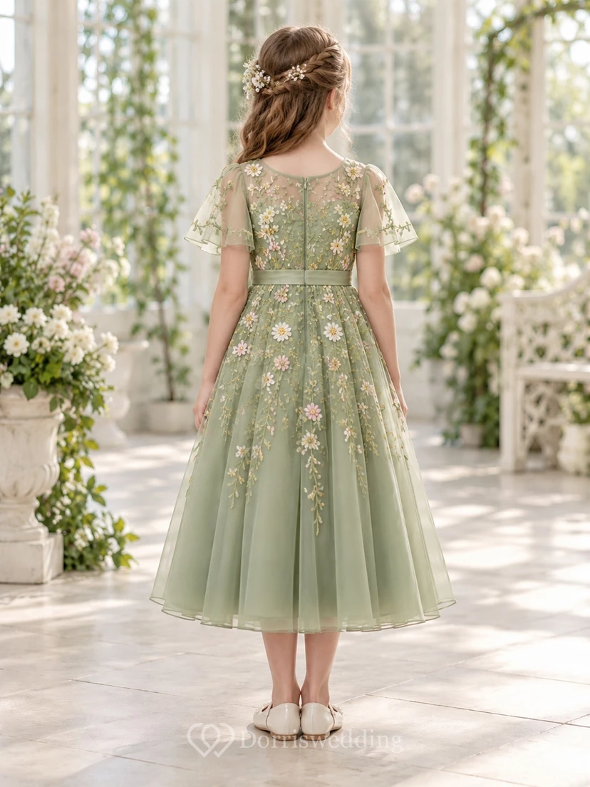 Sage Daisy Embroidered Sheer Flutter Sleeve Flower Girl Dress view 2