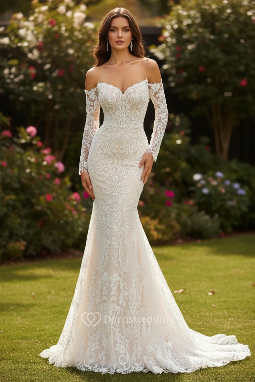 Robe de mariée sirène sexy en dentelle, épaules dénudées et manches longues