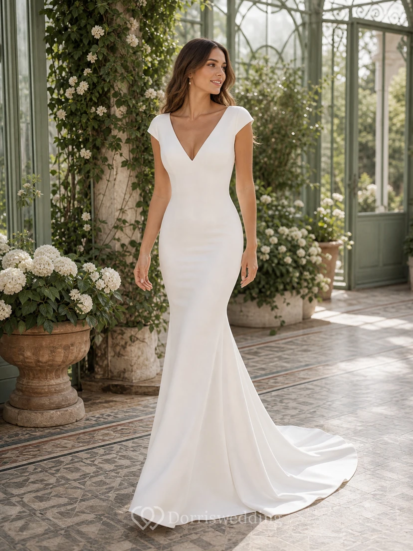 Robe de mariée sirène fourreau unie, col V simple et dos nu en dentelle. view 6