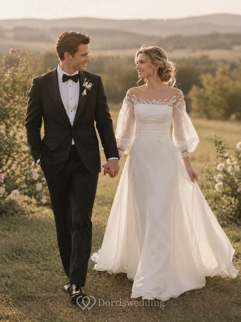 Strand-Puff-Brautkleid mit 3-4 Ärmeln, Rundhalsausschnitt, gerafftem Tüll und Schleife