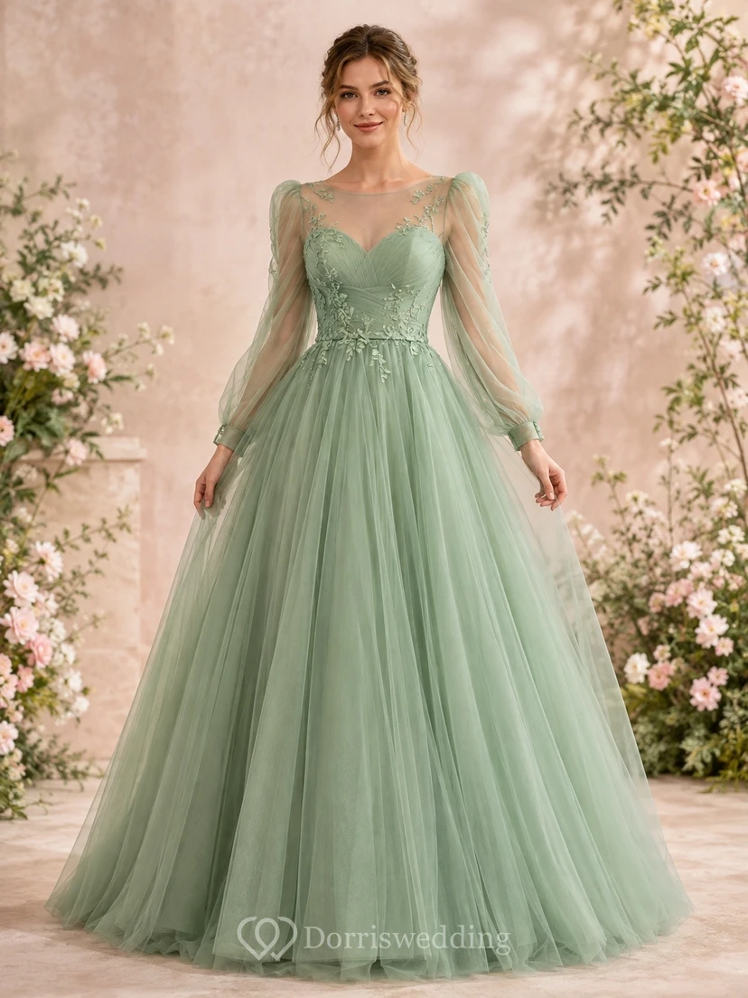 Sage Tulle Illusion Long-Sleeve A-Line Floor-Length Formal Dress