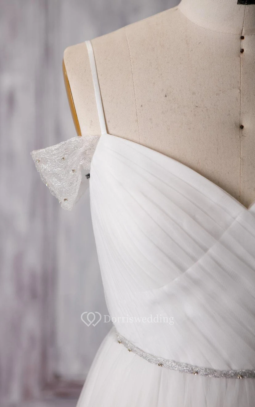 A-Line Pleated Tulle Dress With Crisscross Bodice and Spaghetti Straps view 5