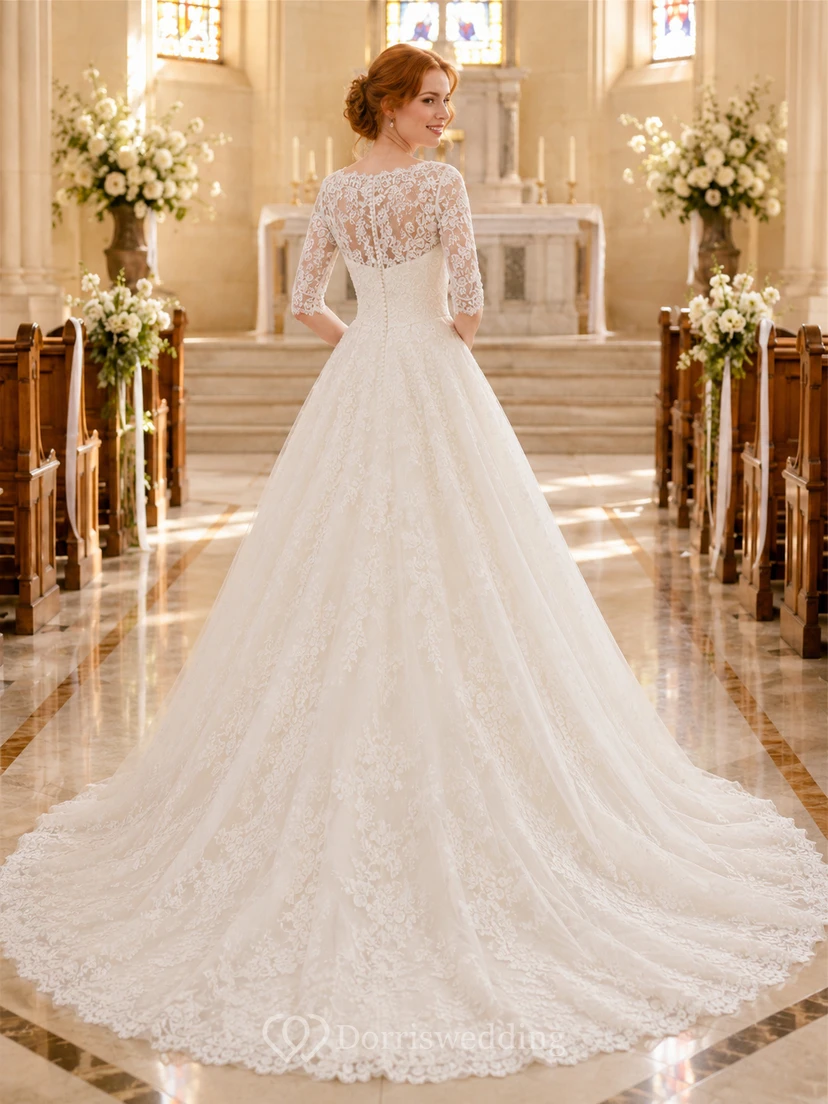 Covered Shoulder Long Sleeve Lace Ball Chapel Bridal Gown view 2