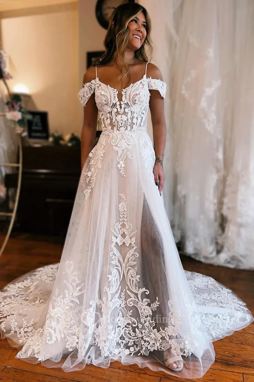 White Strapless Wedding Dress with Slit view 3
