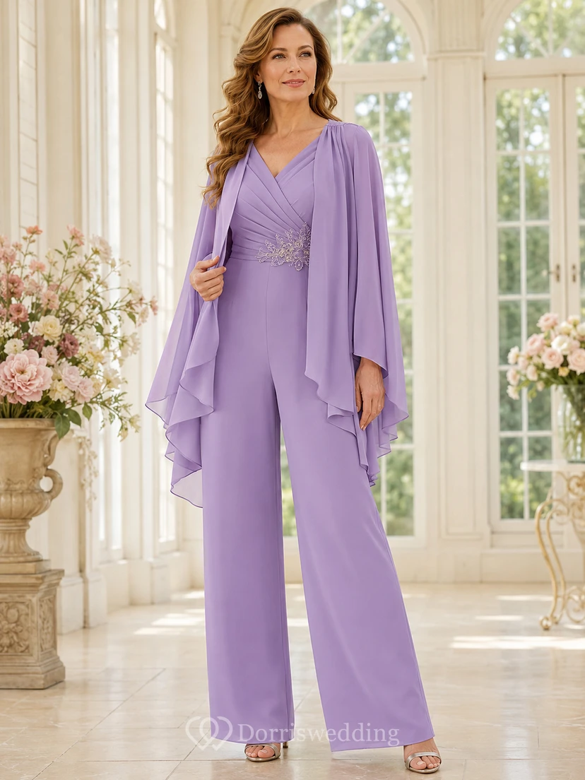 Lavender Mother Jumpsuit with V-Neck Wrap Bodice, Beaded Waist Cape and Wide Leg Pants