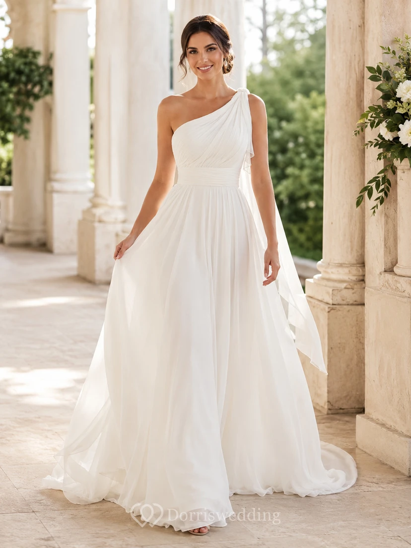 Robe de mariée élégante à une épaule en mousseline drapée, coupe trapèze, traîne, idéale pour la plage
