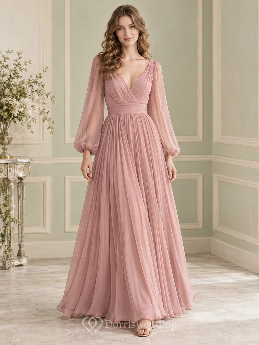 1970s Long Sleeve Dusty Rose V-neck Chiffon Long Prom Dress