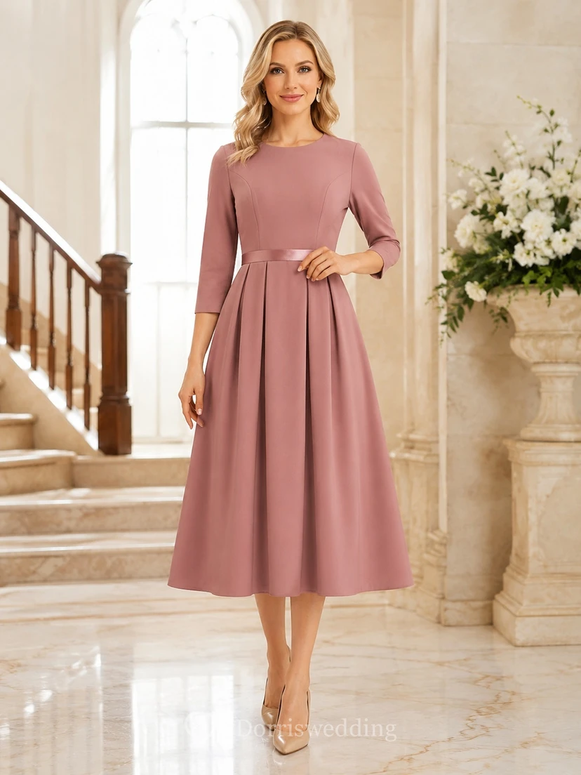 Elegantes, mauvefarbenes, dreiviertelärmeliges, plissiertes A-Linien-Kleid in Teelänge für Kirchengäste