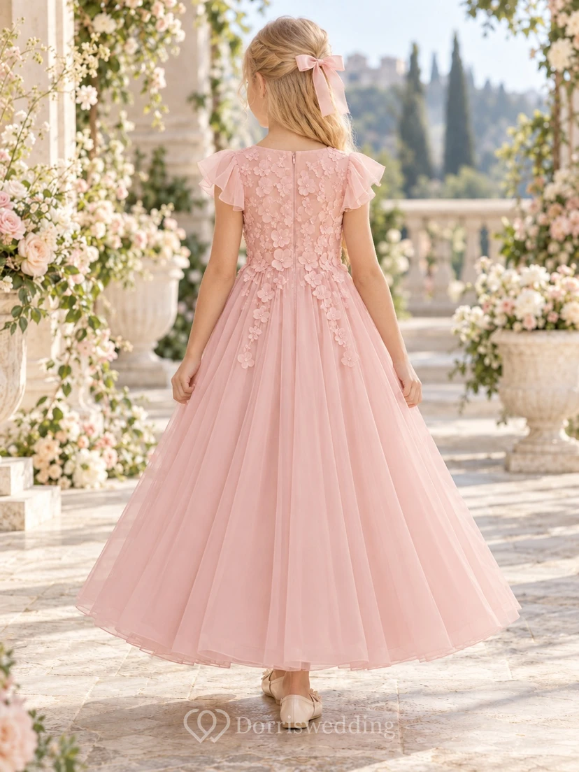 Blushing Pink Flutter Sleeve Floral Applique Ankle-length Flower Girl Dress view 2