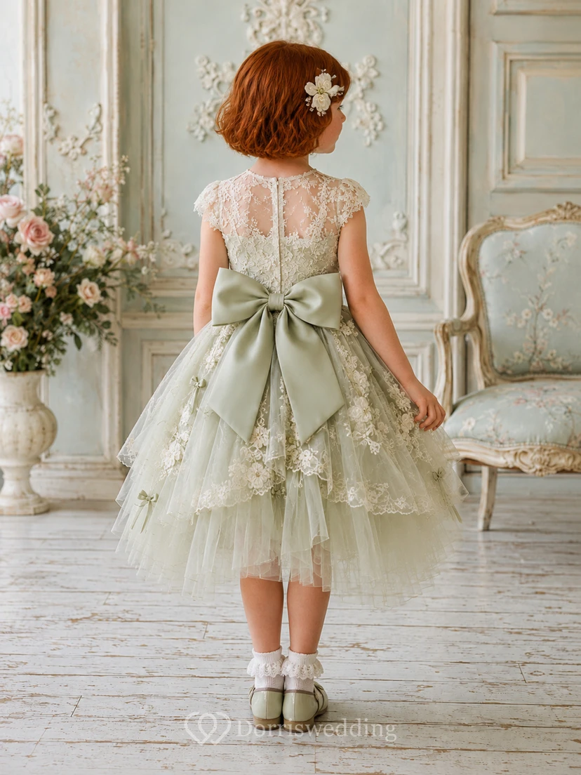 Flower Girl Dress A-Line Celadon Floral Lace Tulle High Low Bow view 2