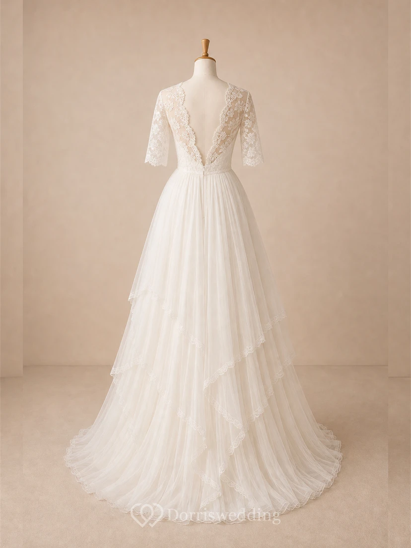 Ländliches, schlichtes Vintage-Hochzeitskleid mit Ärmeln für ältere Bräute in großen Größen view 6