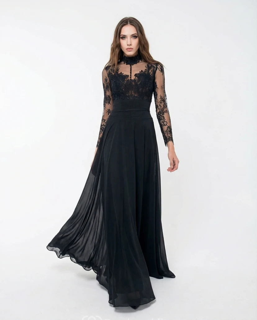 Robe en dentelle et mousseline à col montant avec appliques view 3