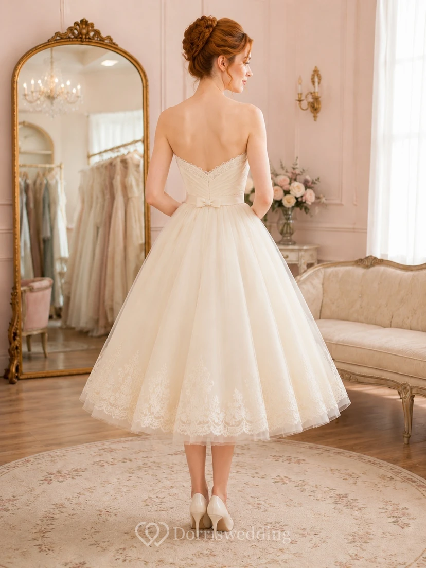 Vintage Teelänge, trägerloses Brautkleid mit Herzausschnitt, plissierter Spitze und Tüll in A-Linie view 2