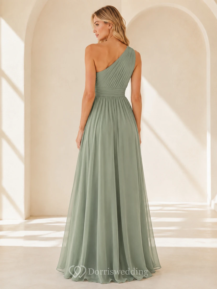 Sage Green Tall One Shoulder Pleated Chiffon Floor Length A Line Dress With Slit view 2