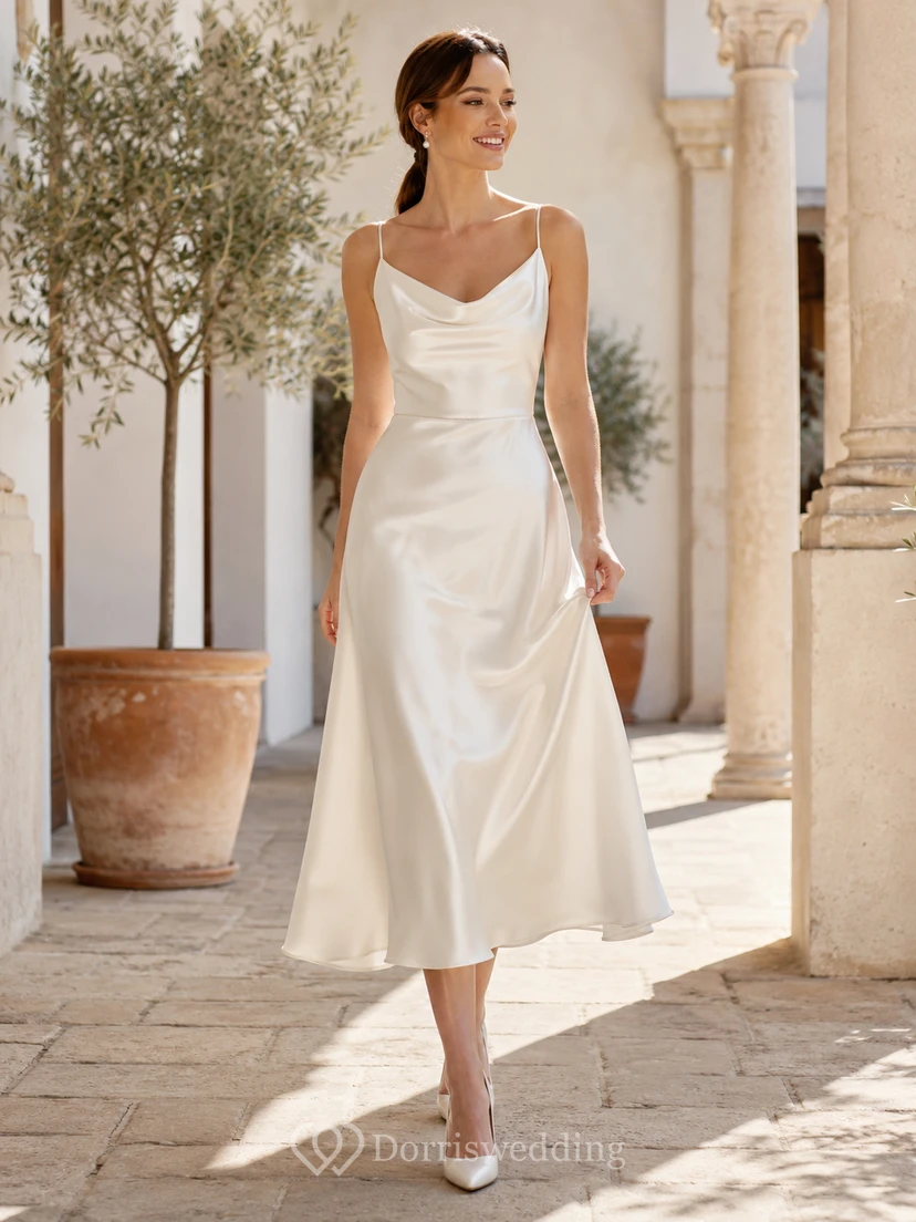 Graceful Civil Satin A Line Cowl Spaghetti Tea Length Wedding Dress