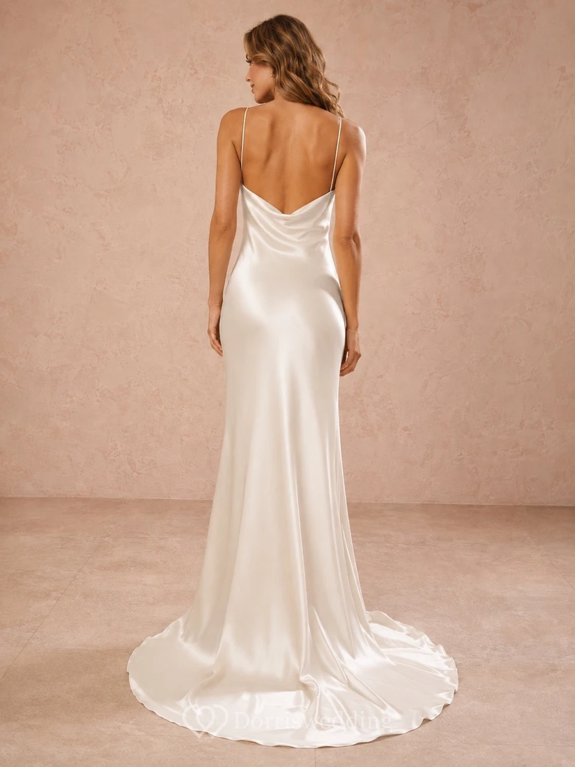 Robe de mariée longue fourreau simple à col montant, longueur au sol, pour cérémonie formelle view 2