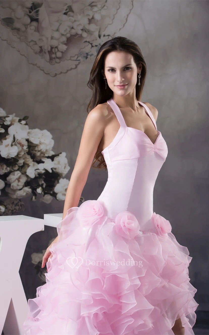 Pastel Ruffled Front-Split Halter and Dress With Flower view 7