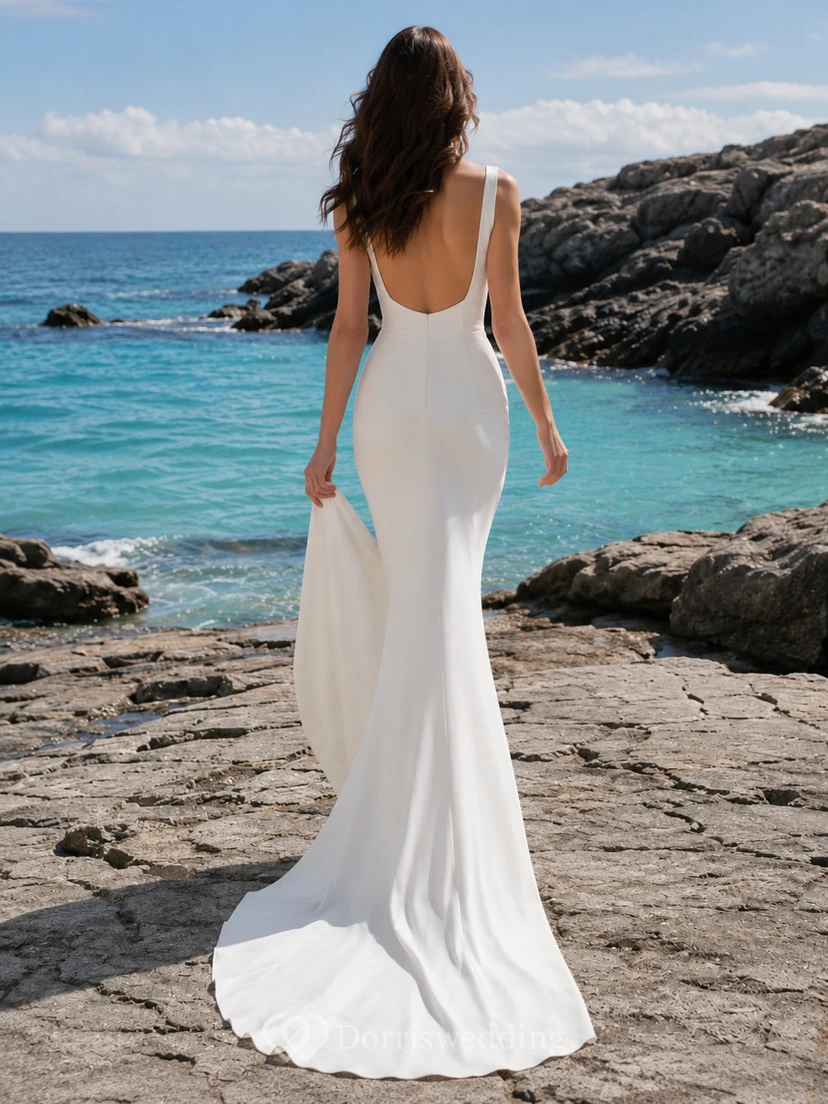 Robe de mariée sirène en crêpe à col carré, motif rochers de l'océan, pour une fugue amoureuse view 2