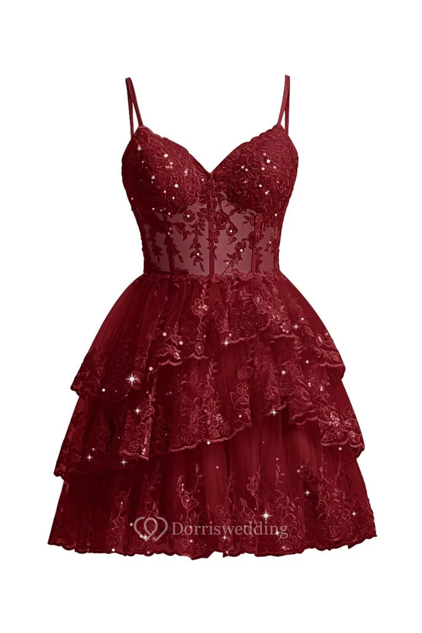Robe de cocktail en dentelle violette à volants view 19