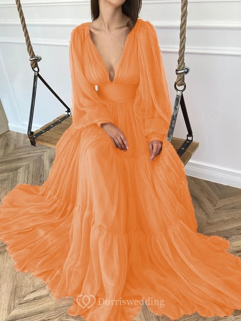 Sexy V-neck Puff Long Sleeve Chiffon Layered Empire Dress view 22