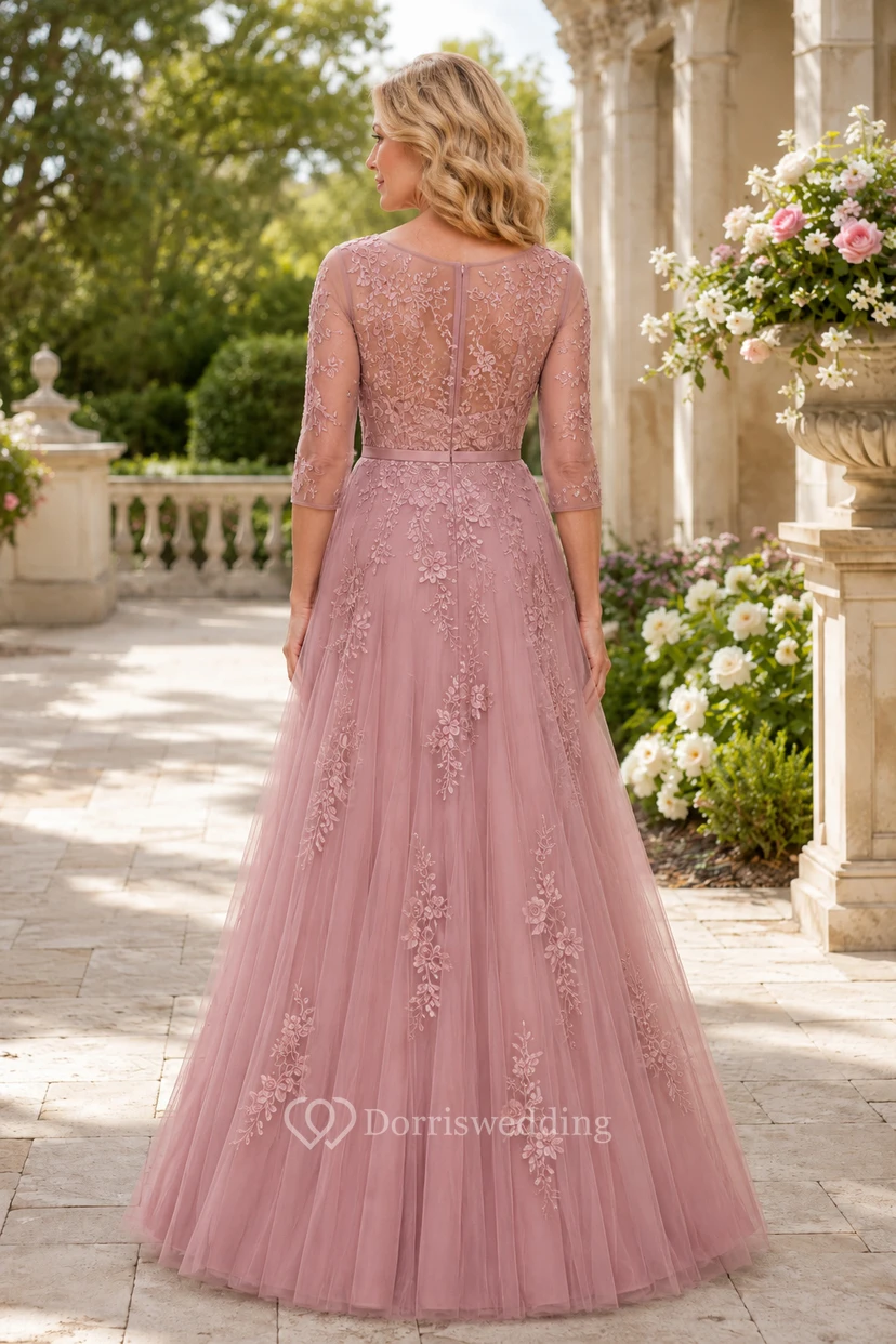 Dusty Rose Tulle A-Line Mother Dress With Lace Sleeves view 2