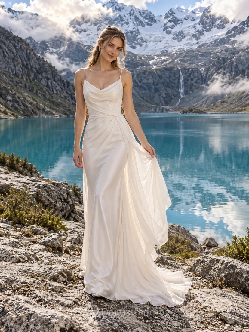 Vestido de novia de gasa con escote drapeado, tirantes finos, cintura fruncida y falda tubo.