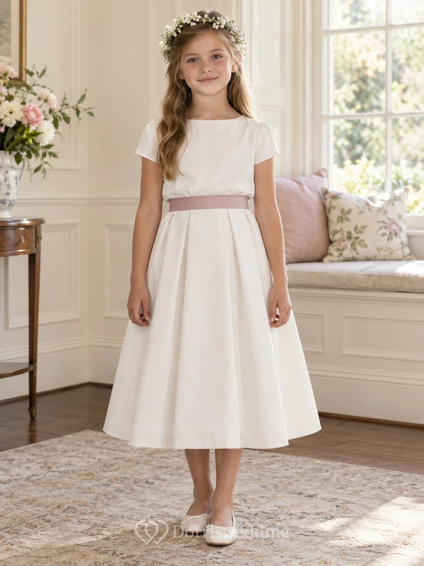Simple Modest Tea-length White Bateau Short-sleeve Pink-waisted Gathered Zipper-back Flower Girl Dress