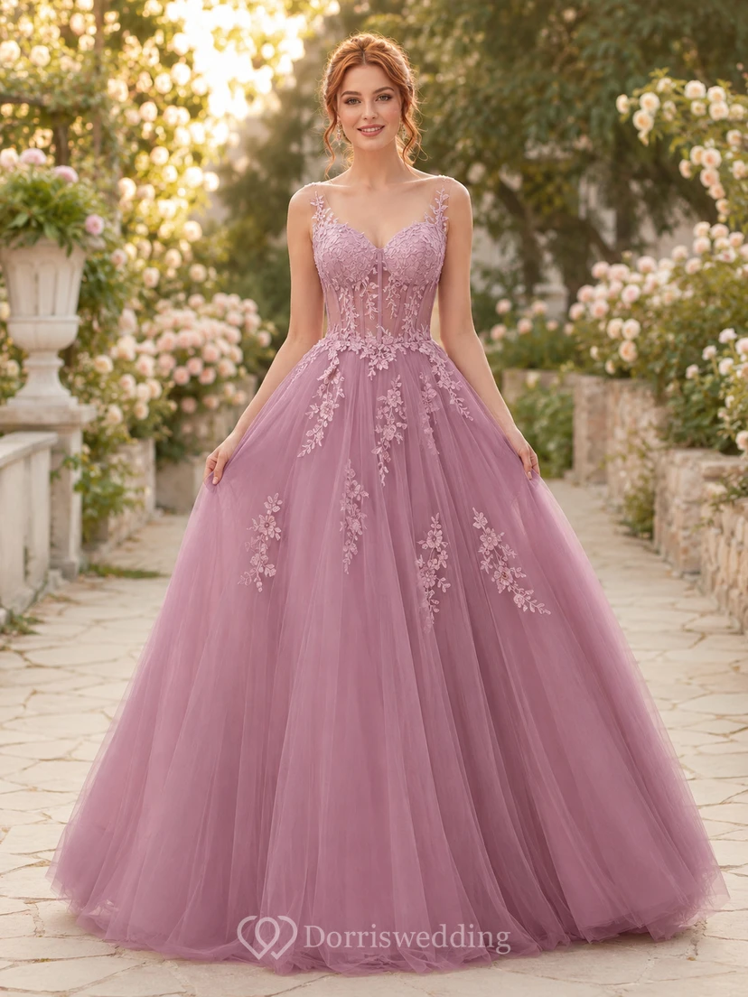 Mauvefarbenes Ballkleid aus Spitze und Tüll mit V-Ausschnitt