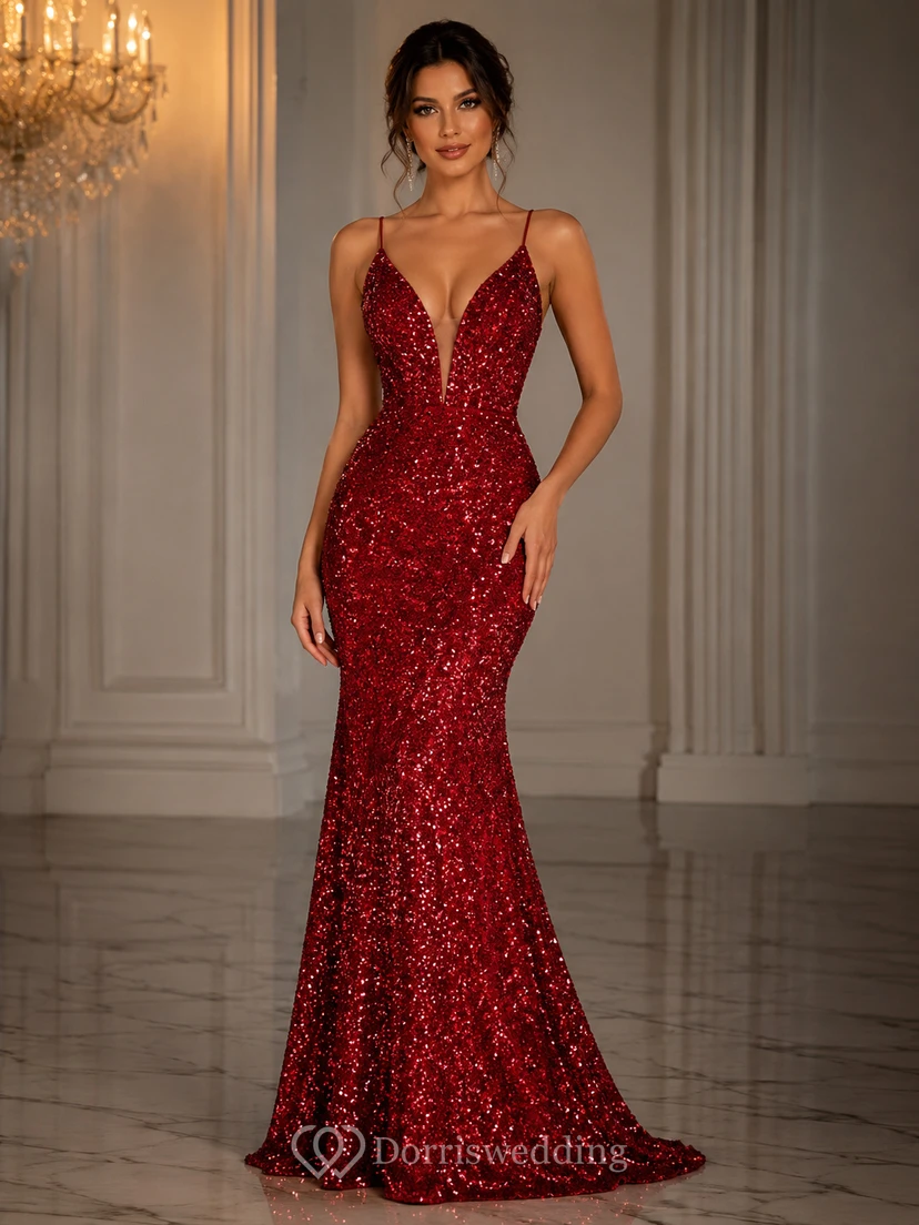 Meerjungfrauen-Pailletten-Abendkleid mit V-Ausschnitt, ärmellos und bodenlang