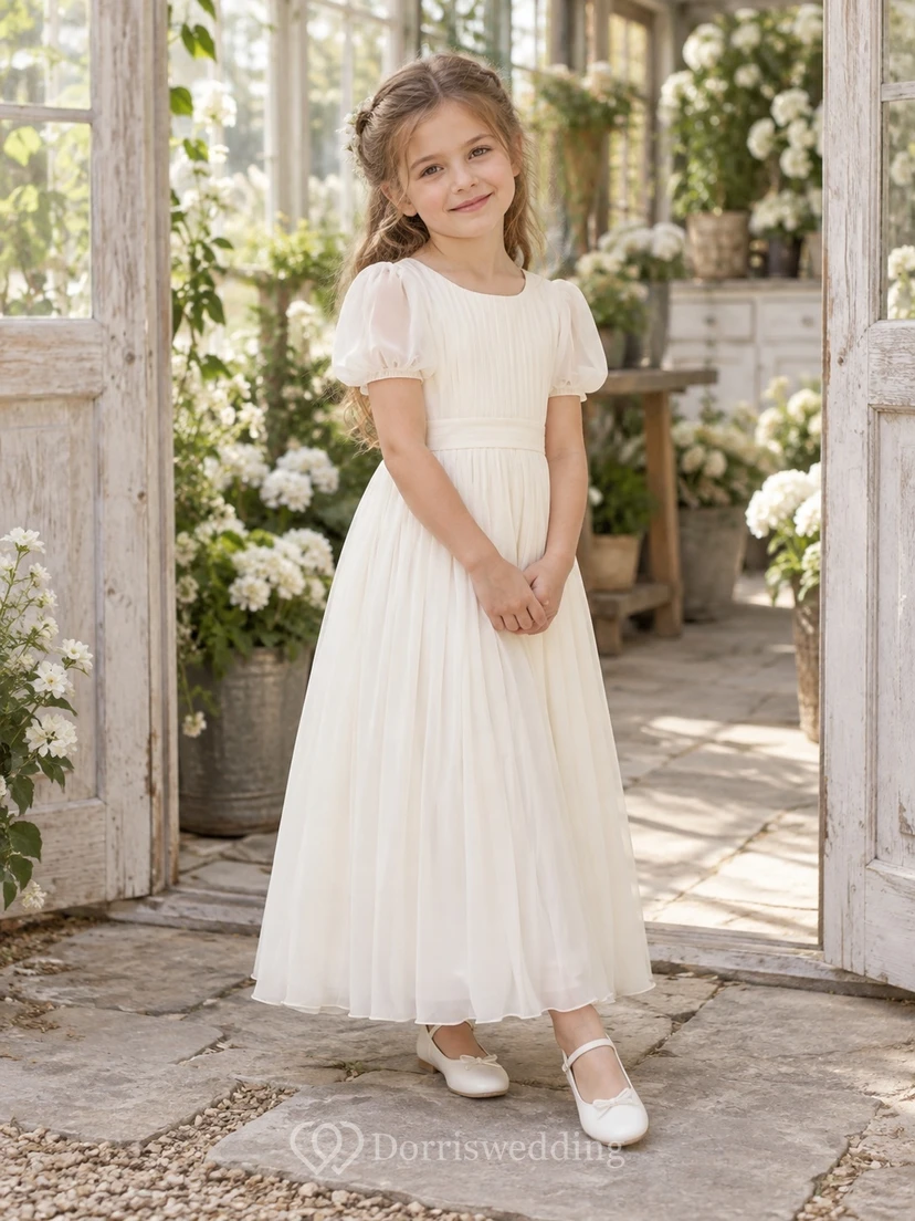 Einfaches elfenbeinfarbenes Chiffon-Blumenmädchenkleid mit Rundhalsausschnitt, Puffärmeln und Falten, mit Falten und Plissee-Optik