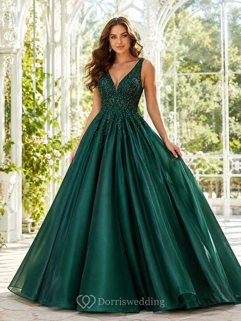 Luxury Dark-Green V-Neck Beaded Satin Tulle Ball-Gown Deep-V Sweep-Train Prom Dress