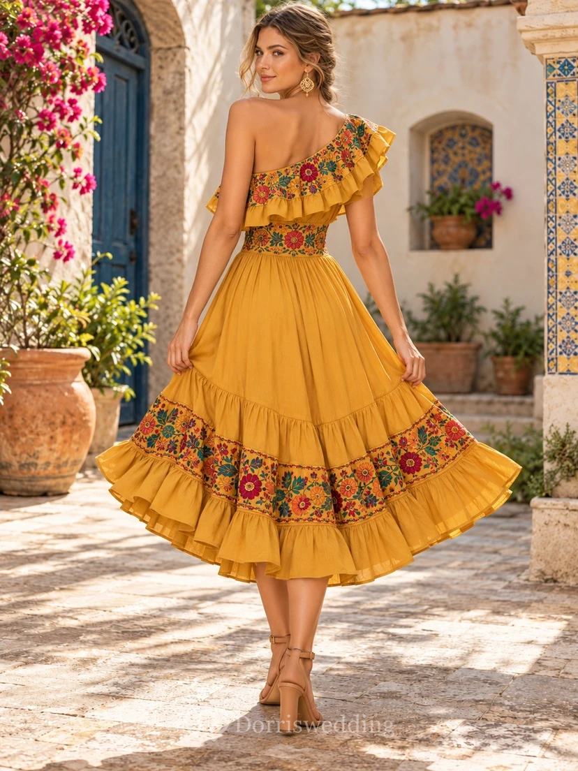 One Shoulder Yellow Floral Embroidered Waist Ruffle Cumbia Dress view 2