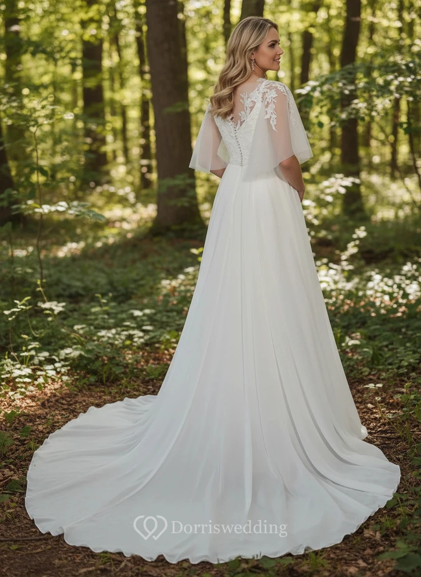 Vestido de novia de talla grande con escote en V de encaje, mangas abullonadas transparentes y falda en línea A. view 2