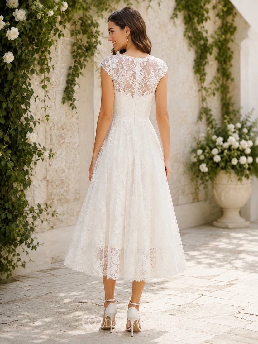 Romantic Lace Short Sleeve A Line Tea Length Bridal Reception Wedding Dress view 2