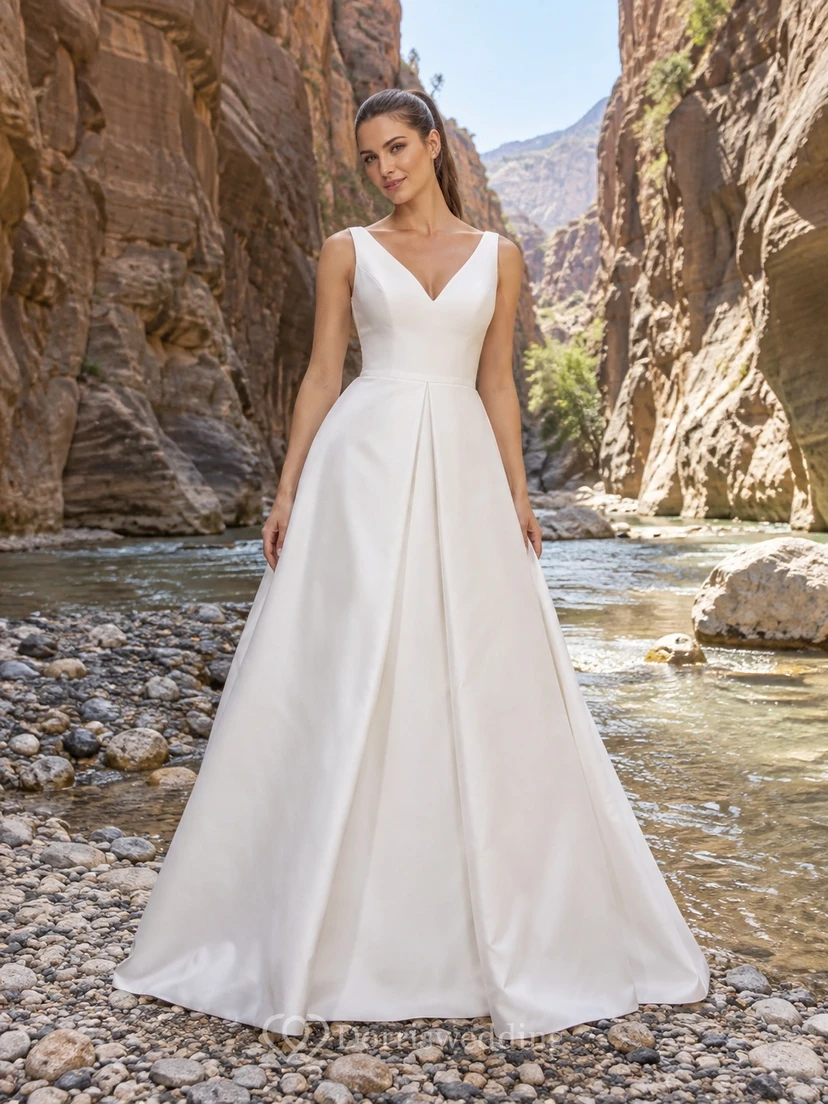 Vestido de novia sencillo de satén con escote en V, sin mangas, corte en A, cintura plisada y largo hasta el suelo.