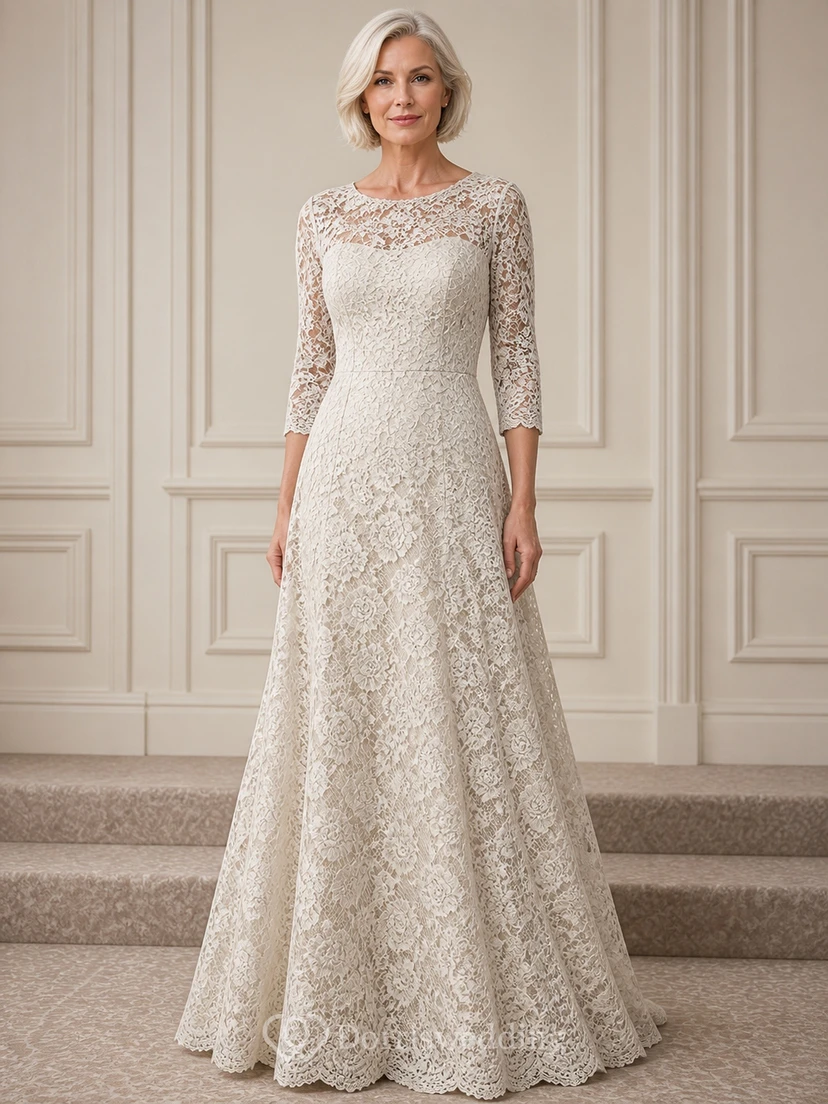 Robe de mariée majestueuse et élégante en dentelle, coupe trapèze, longueur au sol, manches trois-quarts, pour les futures mariées d'âge mûr.