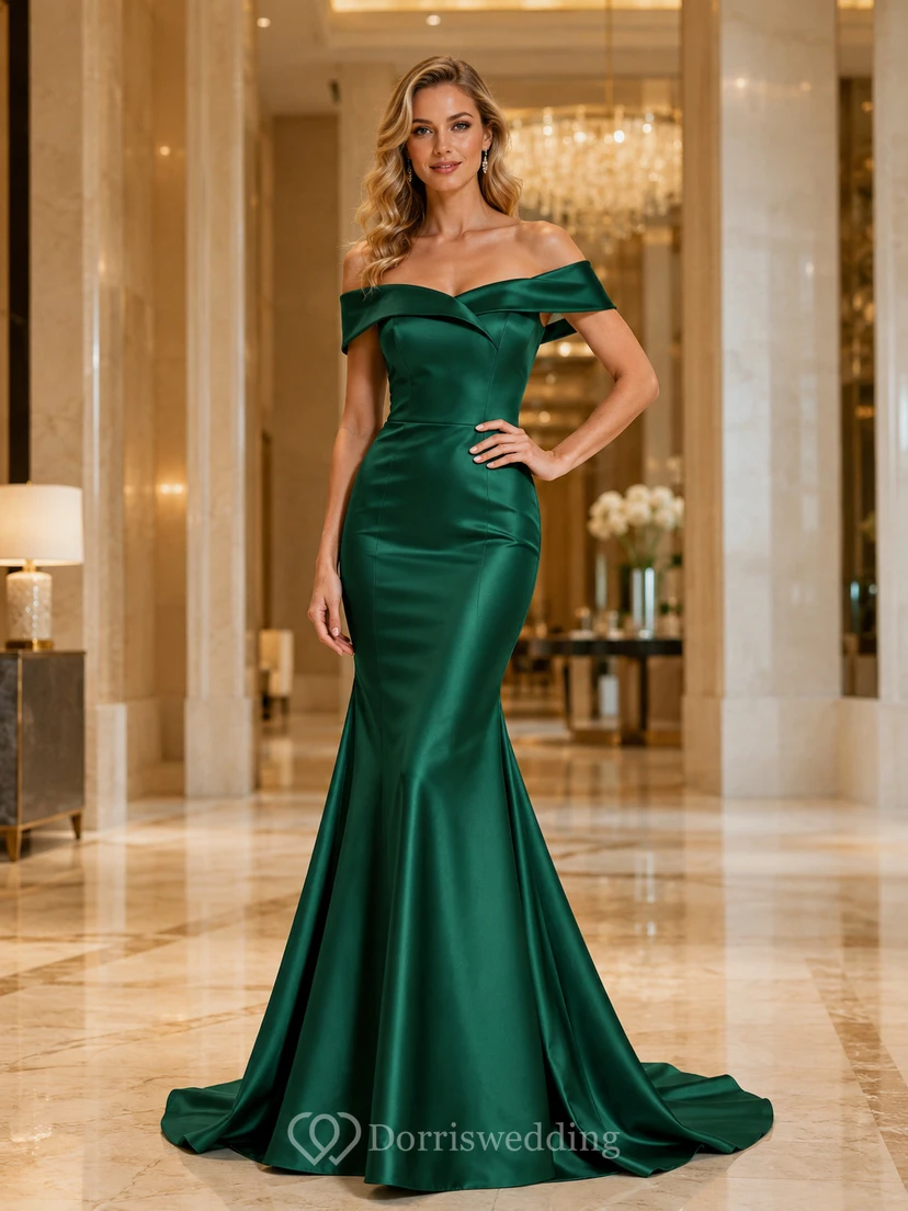 Smaragdgrünes, bodenlanges, schulterfreies, kurzärmeliges Abendkleid aus Satin in Meerjungfrauen-Optik