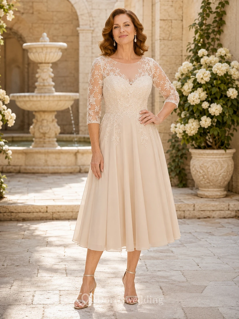 Vestido de novia modesto de gasa de encaje, largo hasta la rodilla, estilo barco, tres cuartos, color champán.