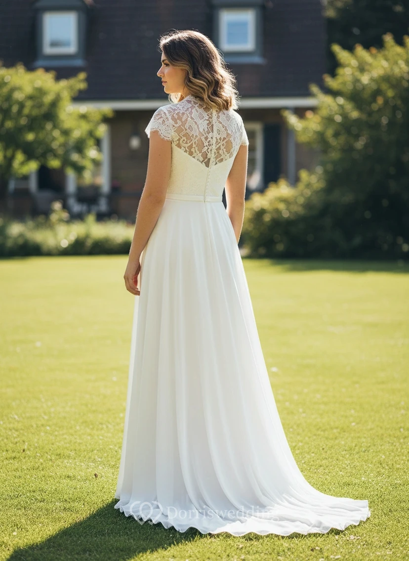 Vestido de novia de talla grande con mangas cortas y corte en A - Cuerpo plisado con cinturilla adornada con cuentas view 2