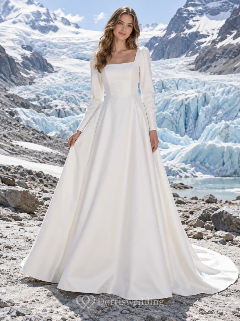 Sencillo vestido de novia de satén de algodón con mangas largas, escote cuadrado, espalda abotonada y cola en línea A.