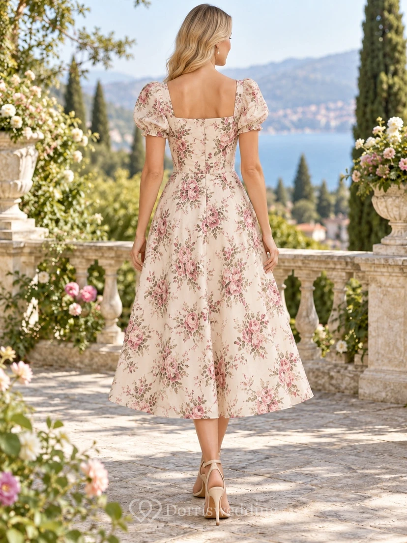 Vestido de invitada de boda vintage de largo midi, largo hasta la rodilla, con cuello cuadrado, estampado floral color marfil y mangas abullonadas. view 2