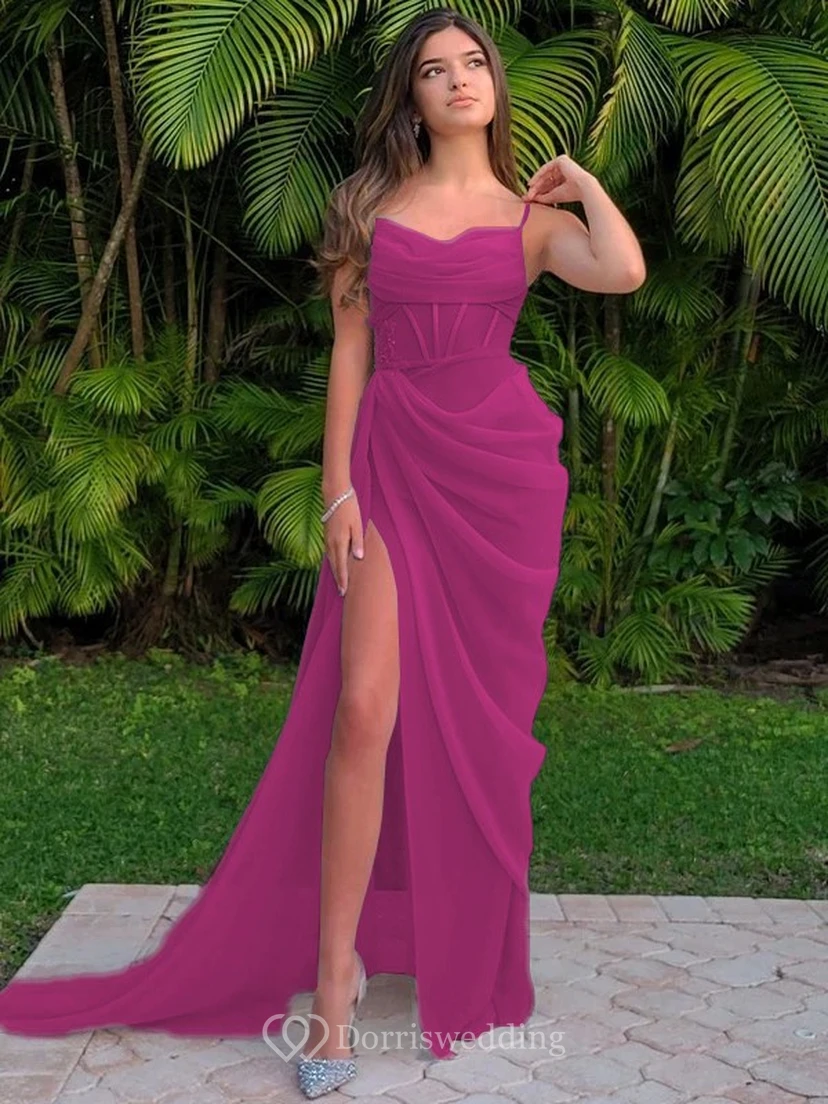 Spaghetti Ruched Sexy Front Split Sheath Side-ruched Prom Dress view 19