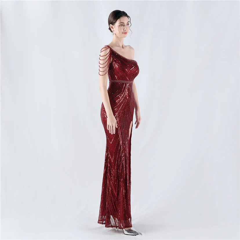 Positioning Flower Beaded Craft Beaded One-Shoulder Oblique Collar High Slit Evening Dress view 25