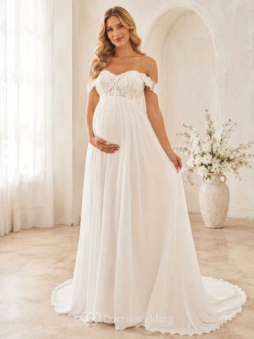 Vestido de novia de gasa con escote de hombros descubiertos y corte A para fugas de maternidad