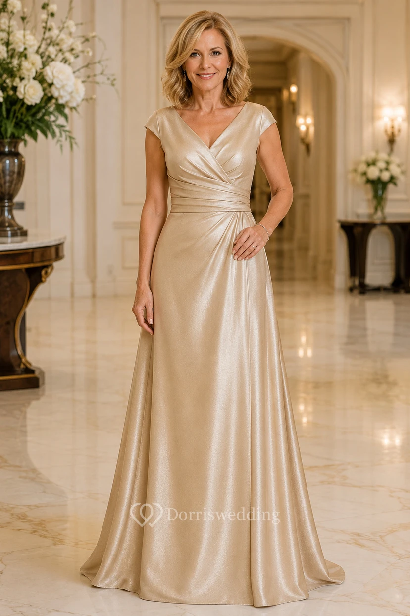 Champagnerfarbenes Satin-Kleid in A-Linie mit V-Ausschnitt für die Mutter