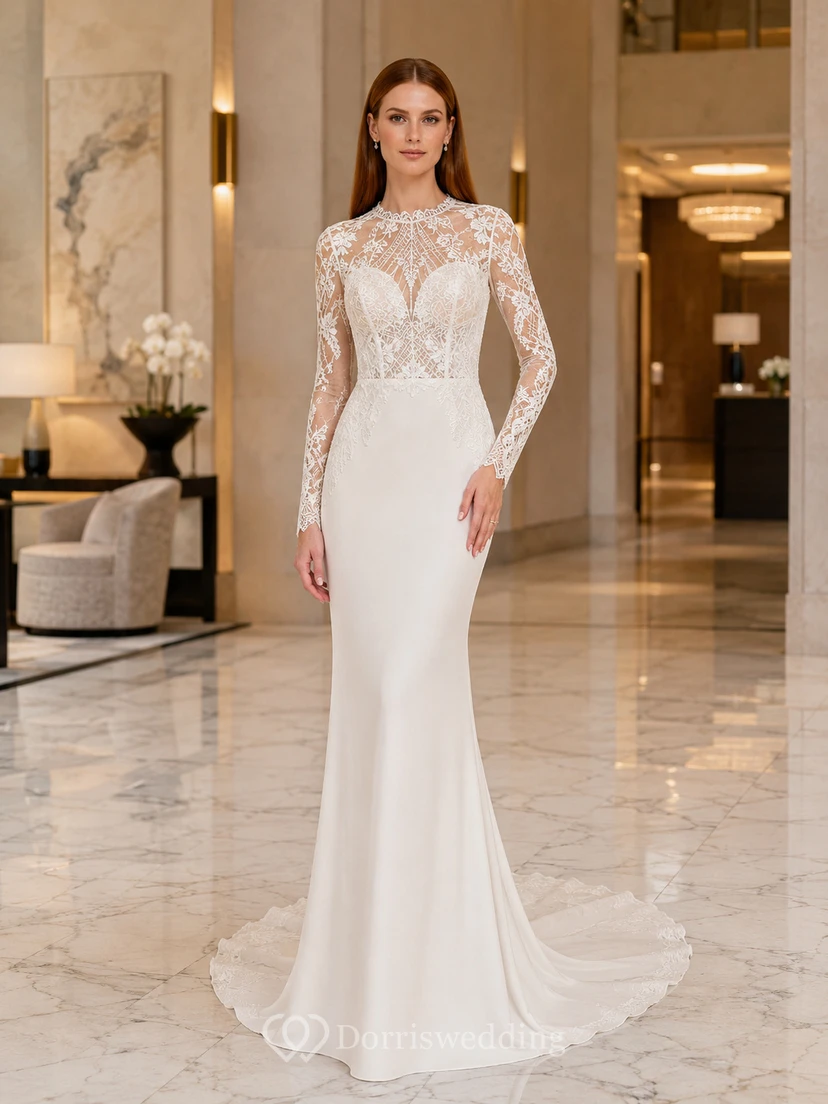 Modest Lace Tulle Wedding Dress Mermaid Jewel Neck Long Sleeve Court Train Bridal Gown