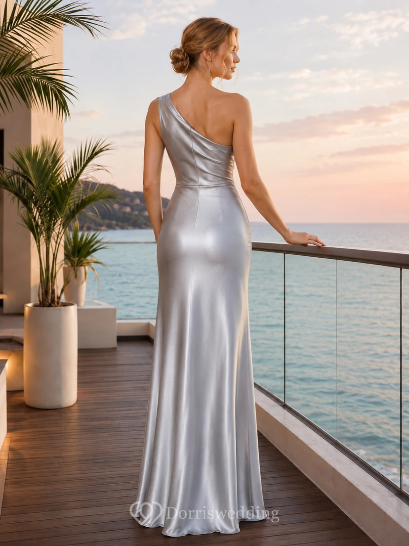 Silver Satin One Shoulder Sheath Seaside Resort Evening Gown view 2