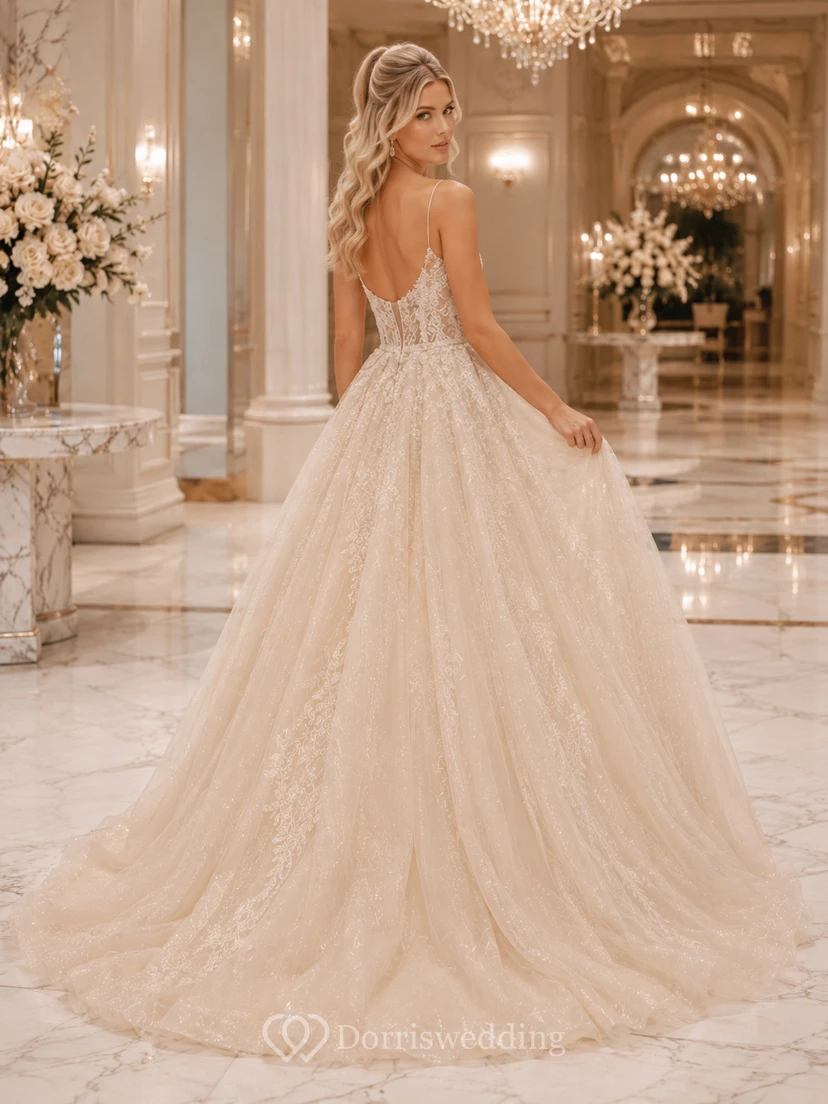 Robe de bal en dentelle florale rose poudré à fines bretelles et col en V, robe de mariée de luxe avec traîne chapelle view 2